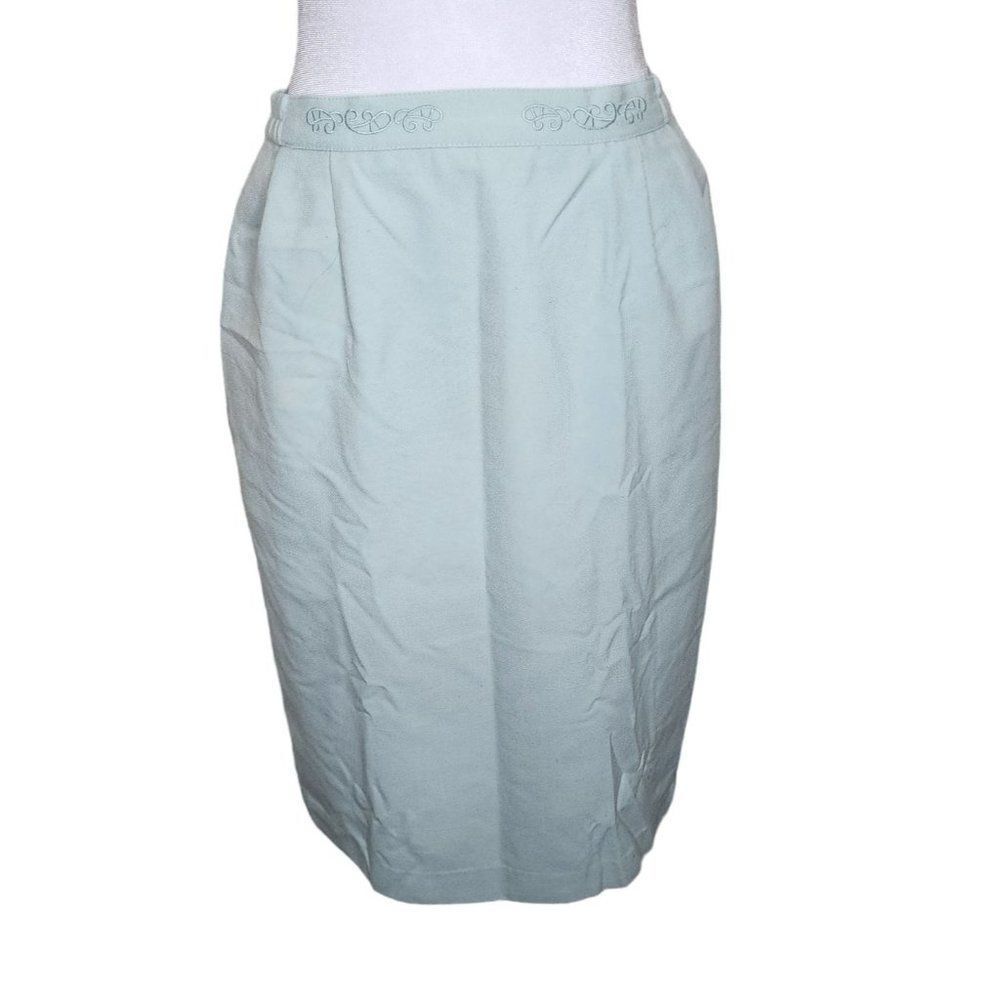 Vintage 80s Pencil Skirt Womens Size 8 Mint Green Embroidered Waist